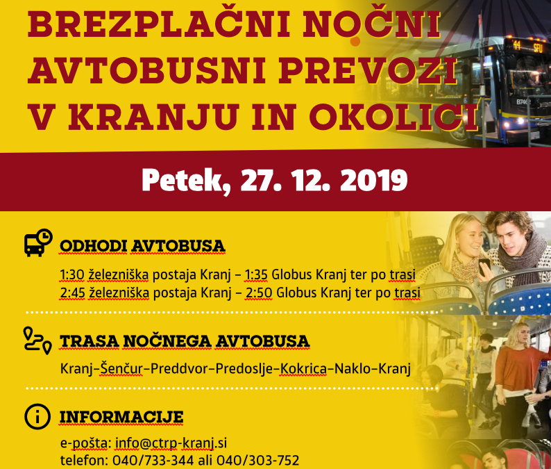 Brezplačni NOČNI avtobusni prevozi v Kranju in okolici-petek, 27.12.2019